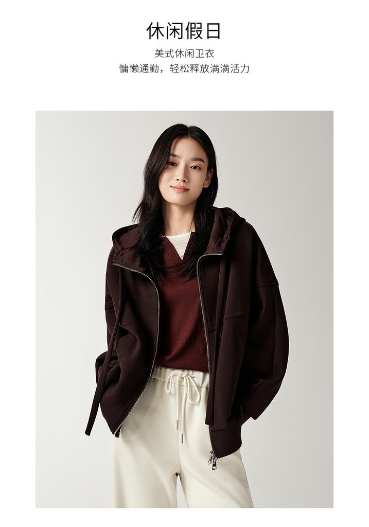 Jiuzi Anna Kou Leisure American Relaxation Deconstruction Split Hooded Shoulder Hoodie Women's 2025 Autumn New Collection