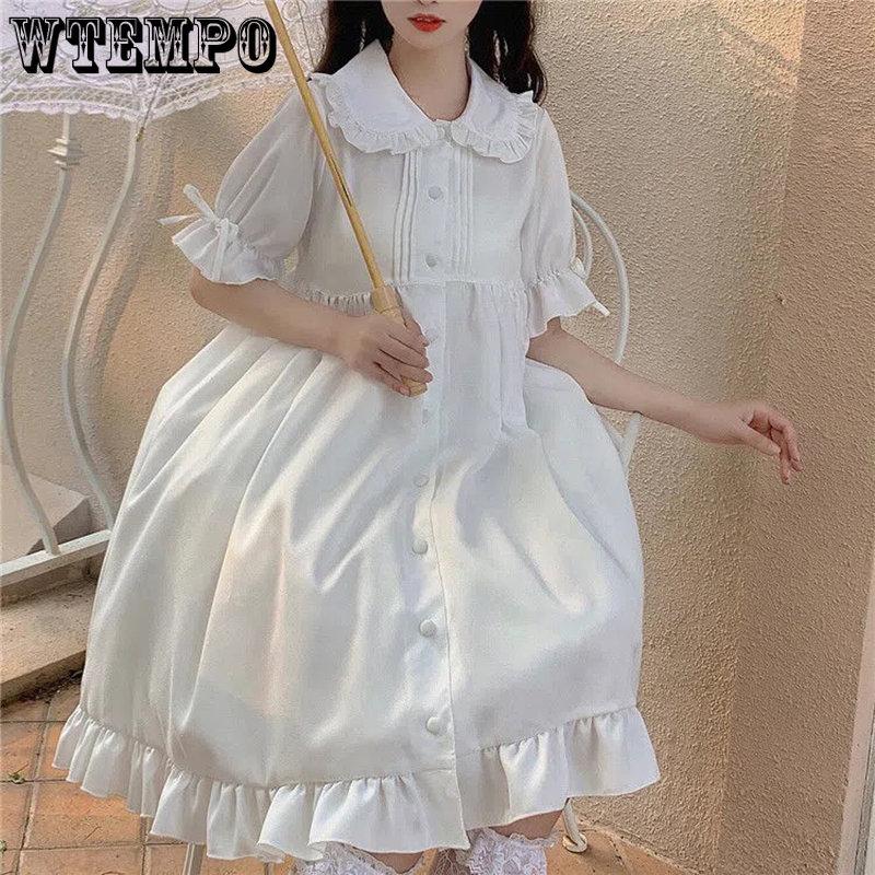 WTEMPO Белое кавайное платье Лолиты для девочек, мягкое платье принцессы с воротником «Питер Пэн», милое праздничное платье в японском стиле с пышными рукавами