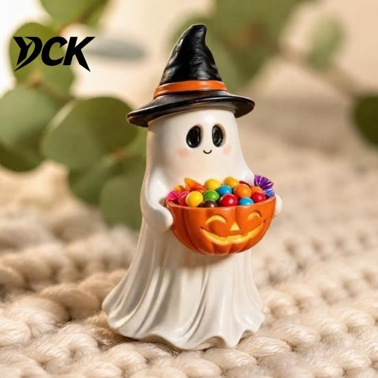Halloween Table Decorations Resin Ghost Statue with Pumpkin Candy Bowl for Decor, Detailed Tabletop Figures Cute Desktop Organizer Living Room Bedroom