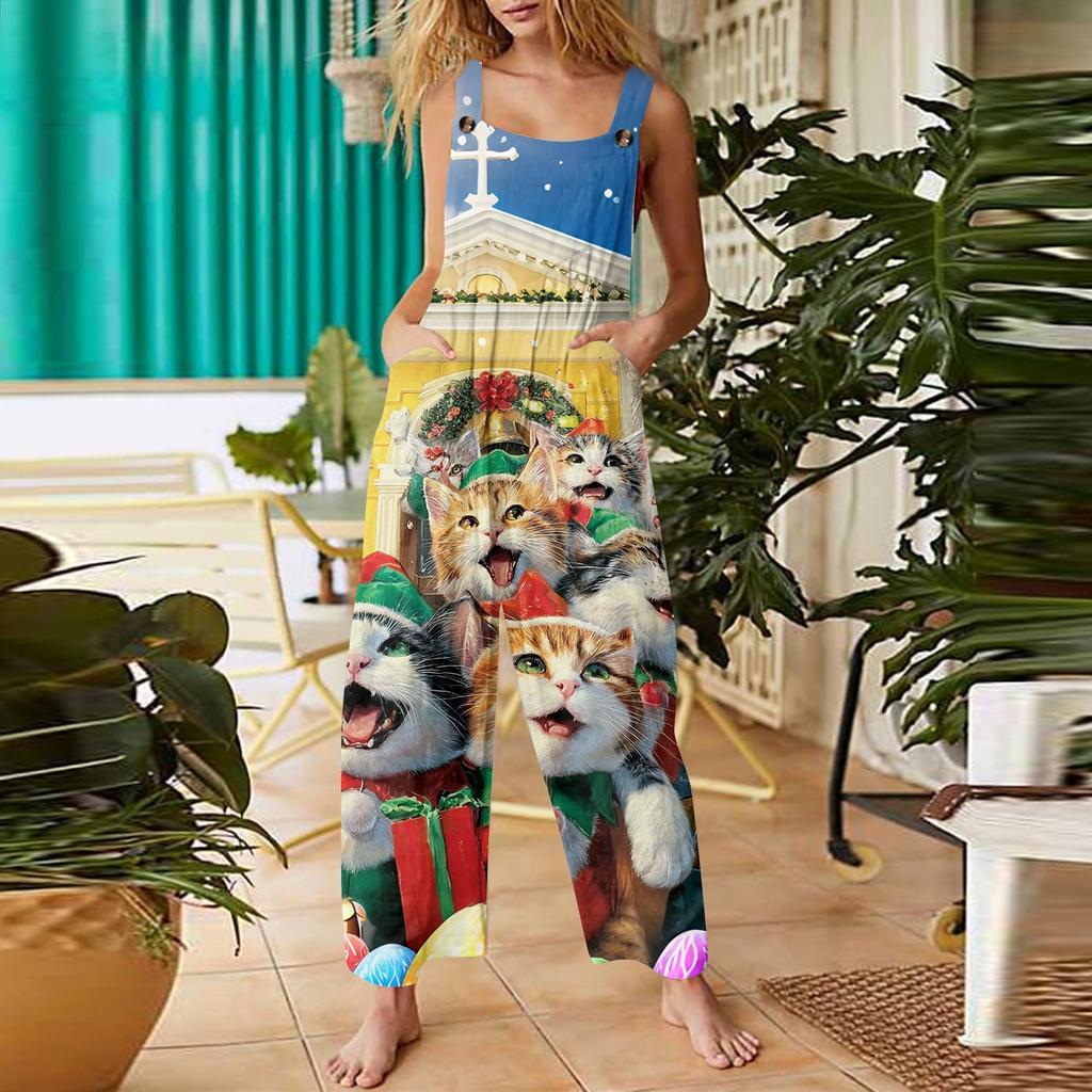 Женский повседневный комбинезон с рождественским принтом, хлопковый комбинезон без рукавов с принтом
