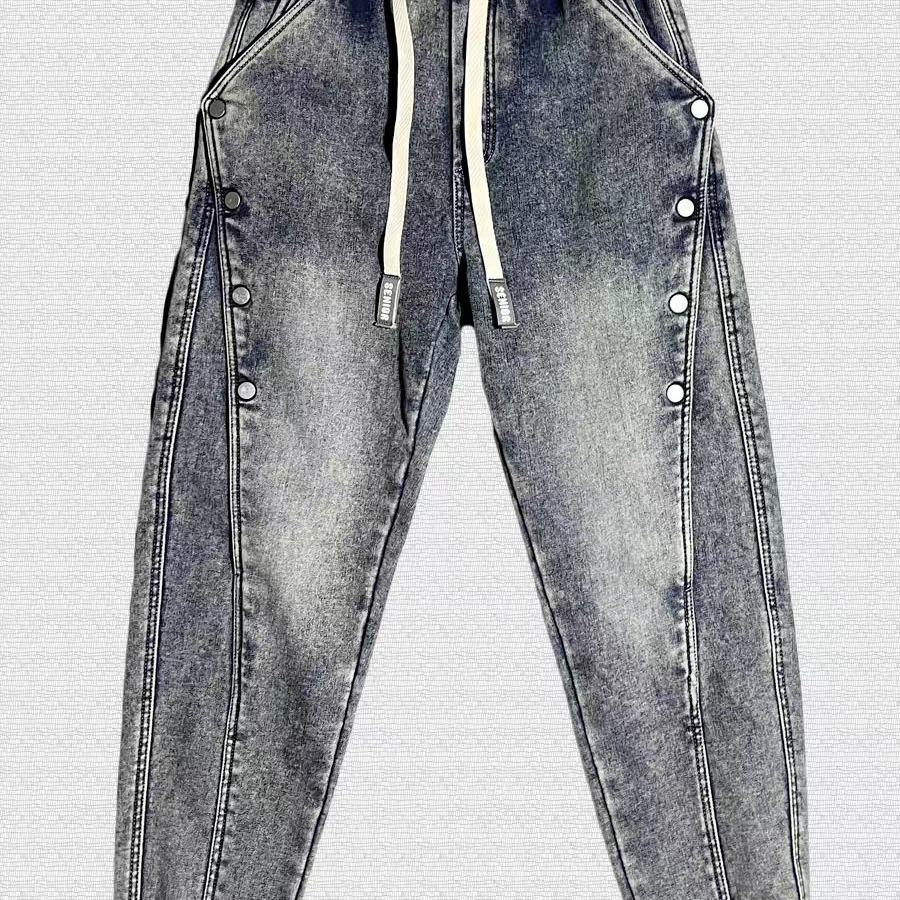 Мужские ретро-джинсы синего цвета с эффектом потертости - весна/лето 2024 г., модные свободные шаровары с манжетами и пуговицами