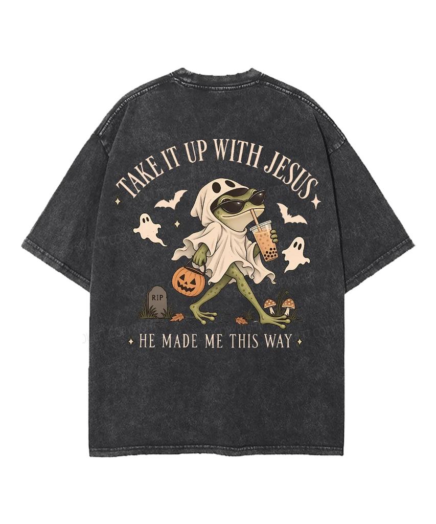 Take It Up With Jesus Ghost Frog Halloween Faith Front Back Graphic Vintage Washed T‑Shirt Men Women Oversized Short Sleeve Tops