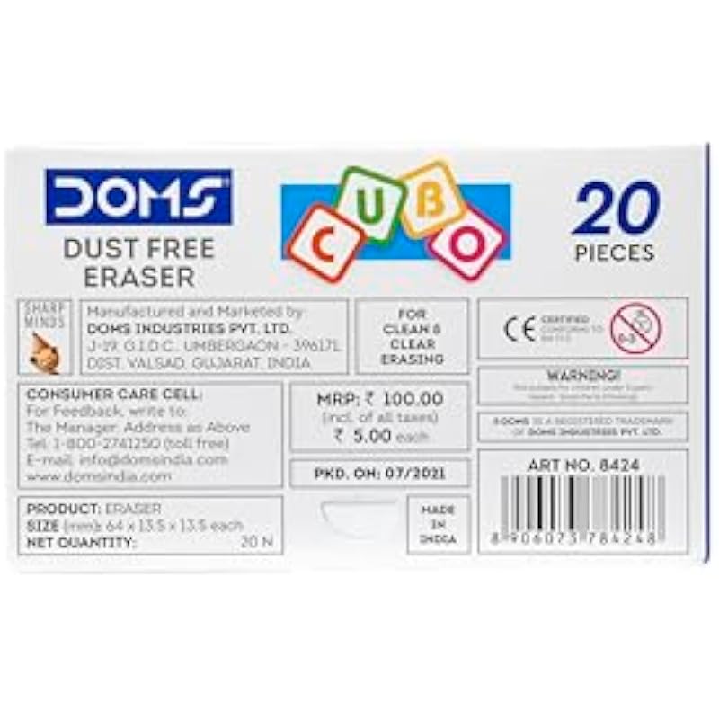 Doms Dust Free Кубо Упаковка коробок с ластиками | Удобный край для легкого захвата | Нетоксичный и безопасный для детей | Привлекательный корпус C