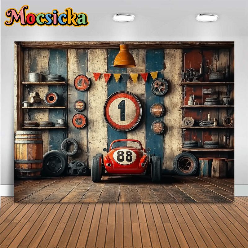 Mocsicka-Фон для фото гоночного автомобиля, вечеринка по случаю дня рождения, шиномонтаж, декорации для деревянного дома, фотофон, студийный баннер.