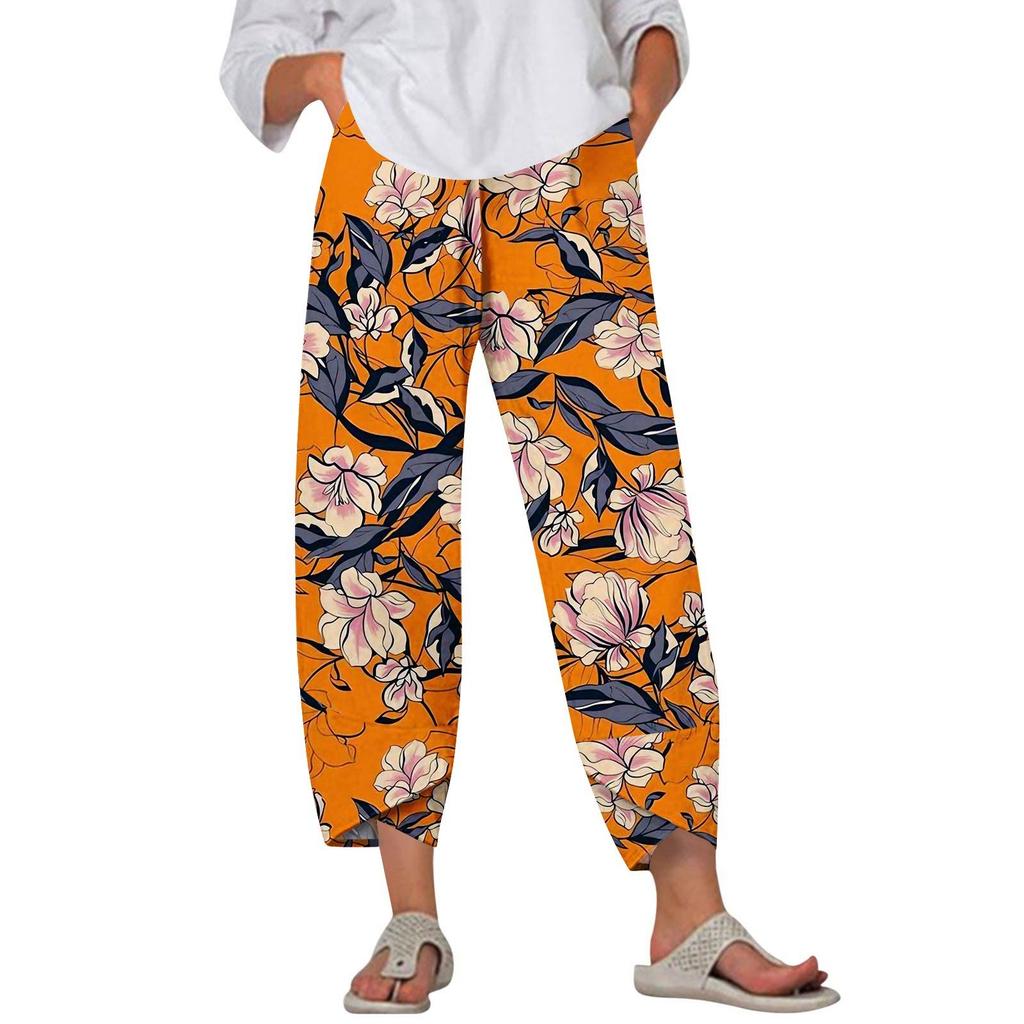 Брюки женские летние повседневные широкие брюки с эластичной резинкой на талии и принтом с карманами