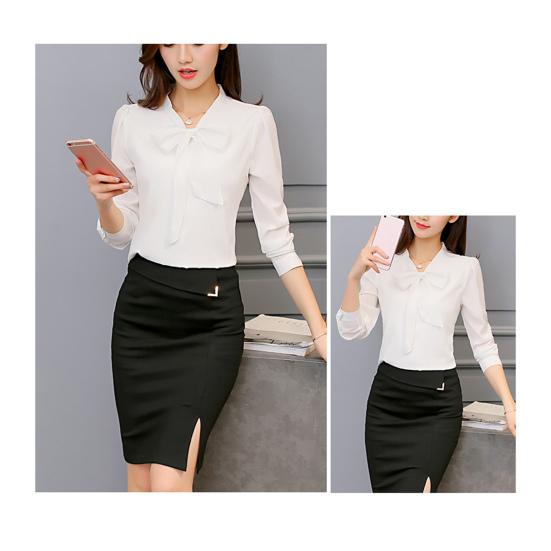 Весенне-летняя женская рубашка с бантом на шнуровке, топы с длинным рукавом, однотонная, повседневная шифоновая блузка, рабочая одежда