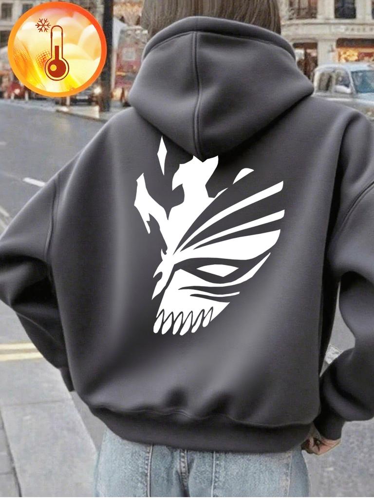 Bleach Ichigo Red Mask Printing Hoodies Womens Winter Fleece Warm Sweatshirt Casual Pocket Pullover Basics Loose Woman Clothes
