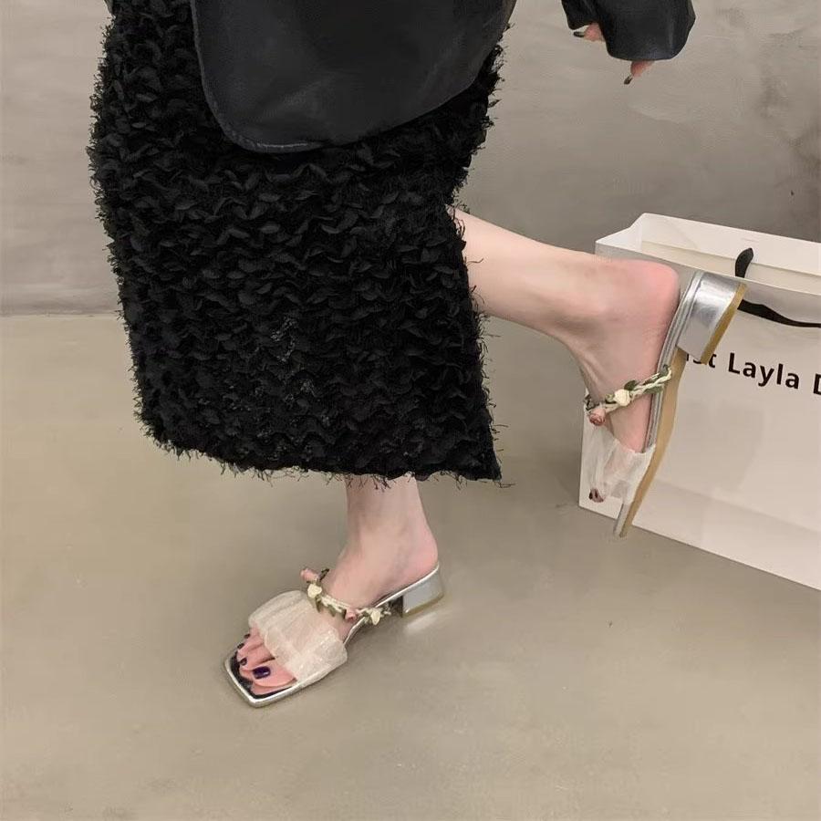 Fashion Shoes Slippers Casual Square Heel Pink Slides Slipers Women Luxury Block Summer 2025 Scandals Toe Shoes Ladies' Slippers Pink Sl
