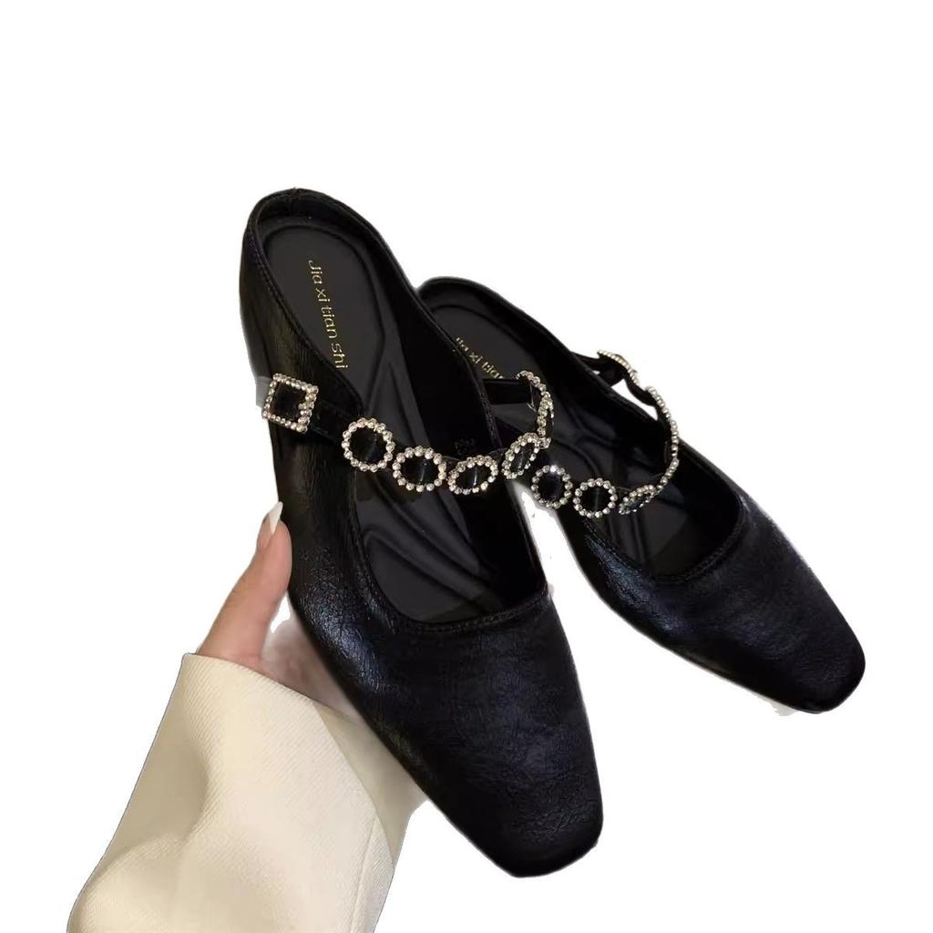 Звездные высококлассные сумки с квадратным носком, шлепанцы-половинки для улицы, новые модели весны 2025 года, сандалии на толстой подошве с цепочкой из стразов для ношения с юбкой