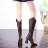 Модные Осенне-Зимние Элегантные Кожаные Женские Сапоги до Колена на Каблуке с Квадратным Носком Удобные Модные 2025 Сапоги