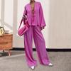 2 Pcs/Set Women Shirt Pants Set Lace-up Cardigan Long Sleeve Blouse Wide Leg Full Length