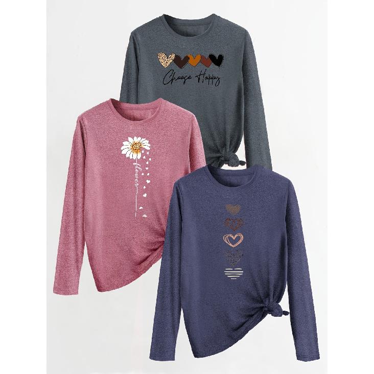 Three-piece set of heart and flower print fashion retro-style women's casual sports tops with round neck and long sleeves T Shirt