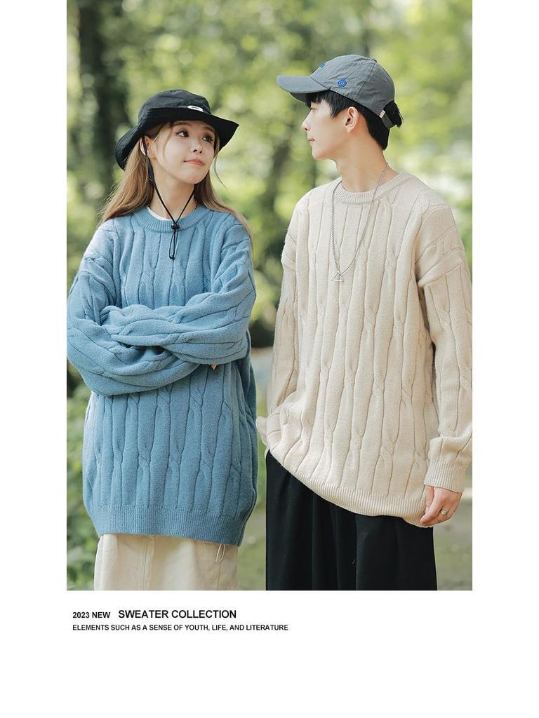 2026 Youth Japanese Style Chunky Knit Loose Sweater for Men - Autumn/Winter Long Sleeve Round Neck Trendy Couple Knitwear