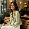 Loose Fit Pleated Shirt Women Half Zipper V-Neck Blouse, Bohemian Long Sleeve Ruffle Top, Design Shirts Solid Color for Spring Fall