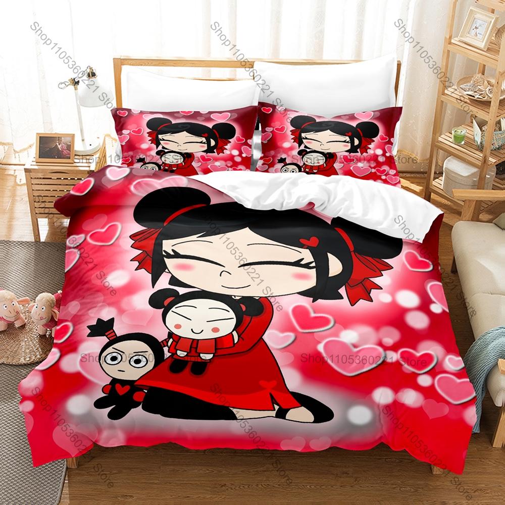 Крутое Мультяшное Постельное Белье Pucca & Garu 3 Предмета Прекрасный Узор K-pop Комплект Пододеяльника Односпальный Twin Full Queen King Size Декор