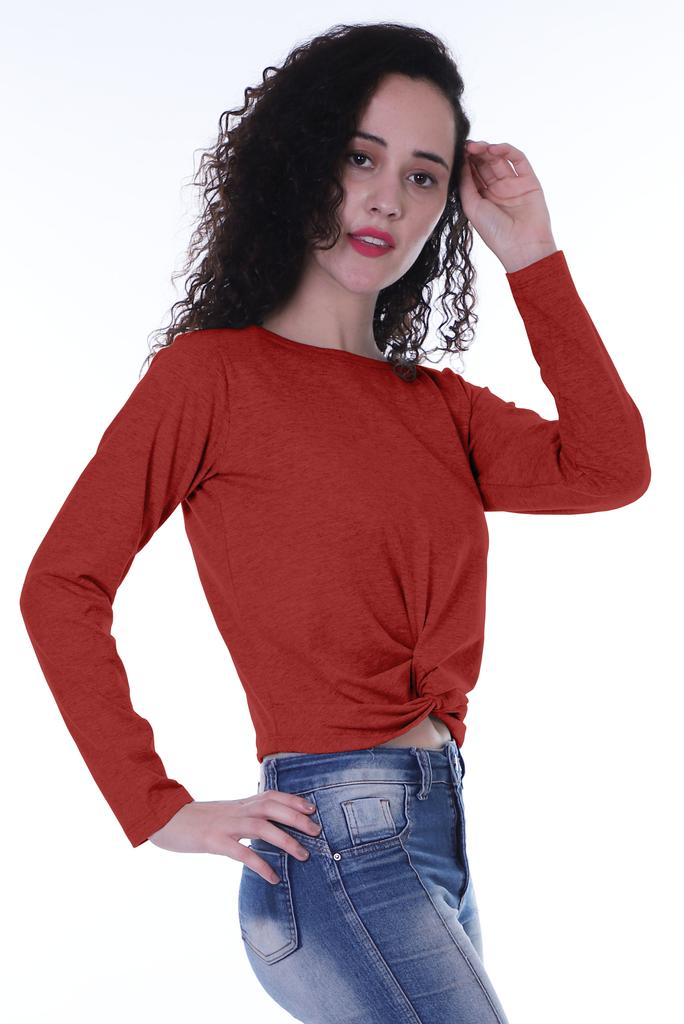 Moomaya Womens Full Sleeves Front Knot Crop Top Summer Tshirt Plain Tee Tops