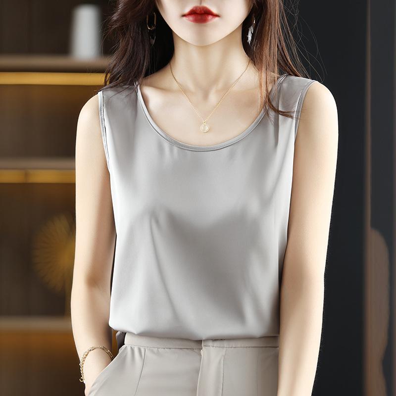 Satin Silk Vest Summer Women's Vest Pullover Short Top Sleeveless Vest Round Neck Solid Color Camisole