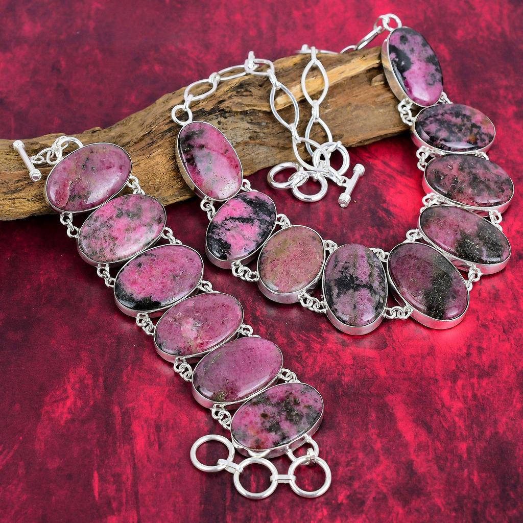 Ювелирные изделия ручной работы с родонитом, комплект ожерелья и браслета из стерлингового серебра 925 пробы, красивые украшения из натуральных драгоценных камней для свадебного подарка