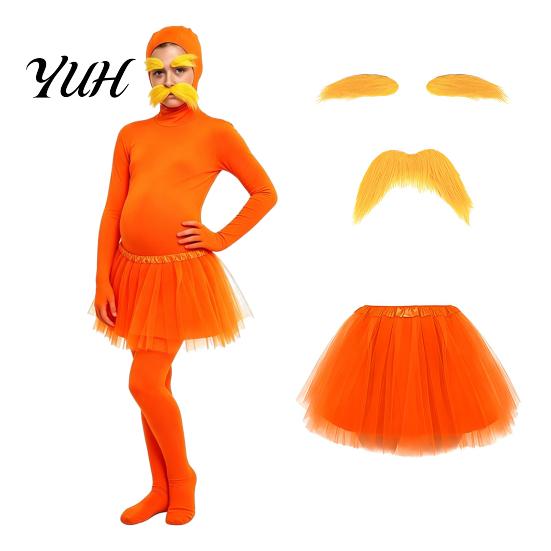 Full Coverage Suits Orange Bodysuit, with Tulle Skirt, Fake Belly, Yellow Mustache & Eyebrows, Halloween Cosplay Jumpsuit Open Face Zentai Suit,