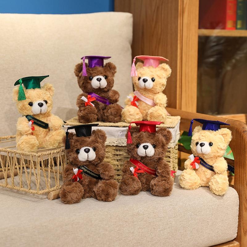 18CM Dr. Bear Cute Plush Toy Small Light Brown Teddy Wear Doctor Hat Doll Graduation Gifts