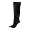 Fashion Women Sexy Metal Lock Decorate Ankle Boots Autumn Winter New Gold High Heel Pointed Belt Buckle Fashion Long Boots Size 34-43