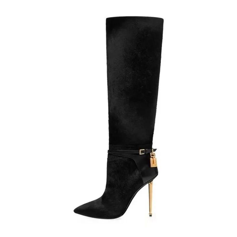 Fashion Women Sexy Metal Lock Decorate Ankle Boots Autumn Winter New Gold High Heel Pointed Belt Buckle Fashion Long Boots Size 34-43