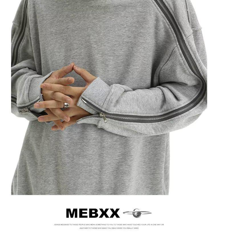 Мужская серая толстовка большого веса с круглым вырезом, двусторонней молнией, пэчворком и дизайном со спущенной линией плеча