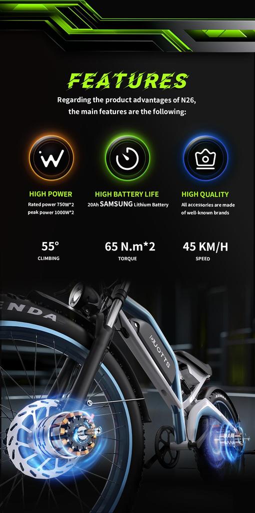 DUOTTS N26 electric bicycle, dual motors, 48V 20Ah battery, 26 x 4-inch wide tires, hydraulic disc brakes, full suspension, maximum range 60-120 km.