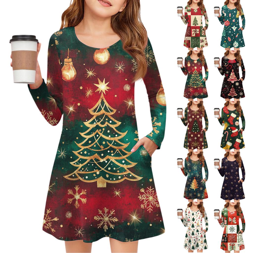 Christmas Day Girls' Long Sleeve Dress - Color Pocket Dress