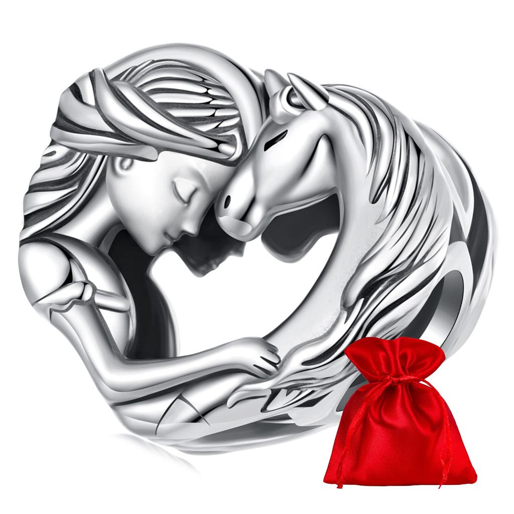 Silver heart charm girl with horse beads silver 925 bead