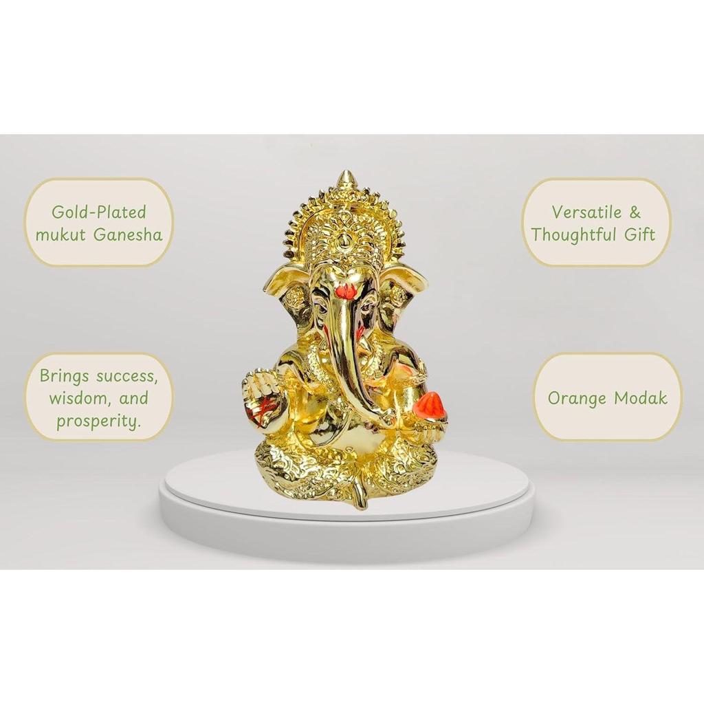 Mukut Ganesha Gold Plated L Ganesh Idol for Car Dashboard | Ganapati Murti for Home Decor | Vinayaka Statute for Puja & Gift 3.2