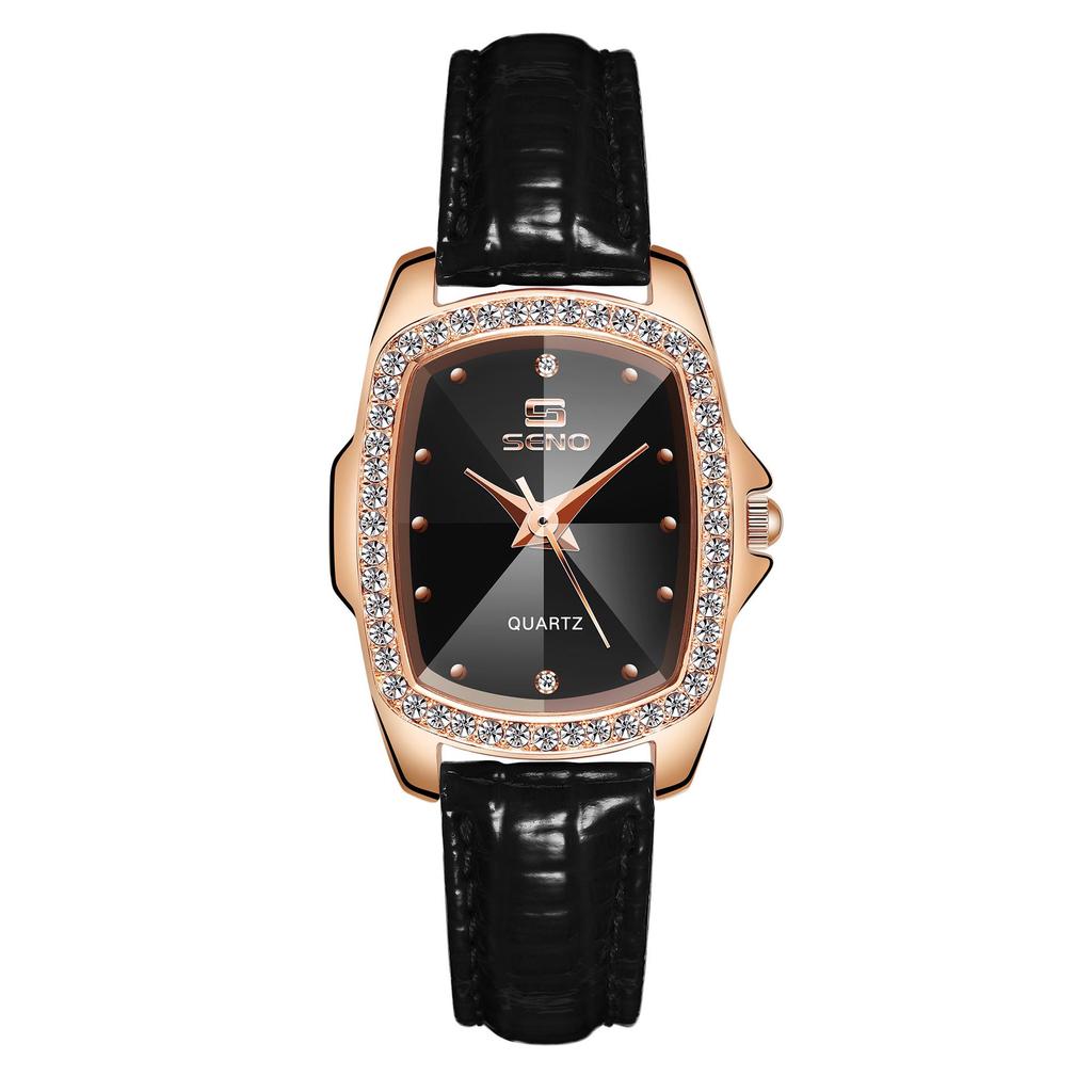 Женские часы SENO Retro Square Diamond с кожаным ремешком - Простой дизайн с кварцевым механизмом и бриллиантами.