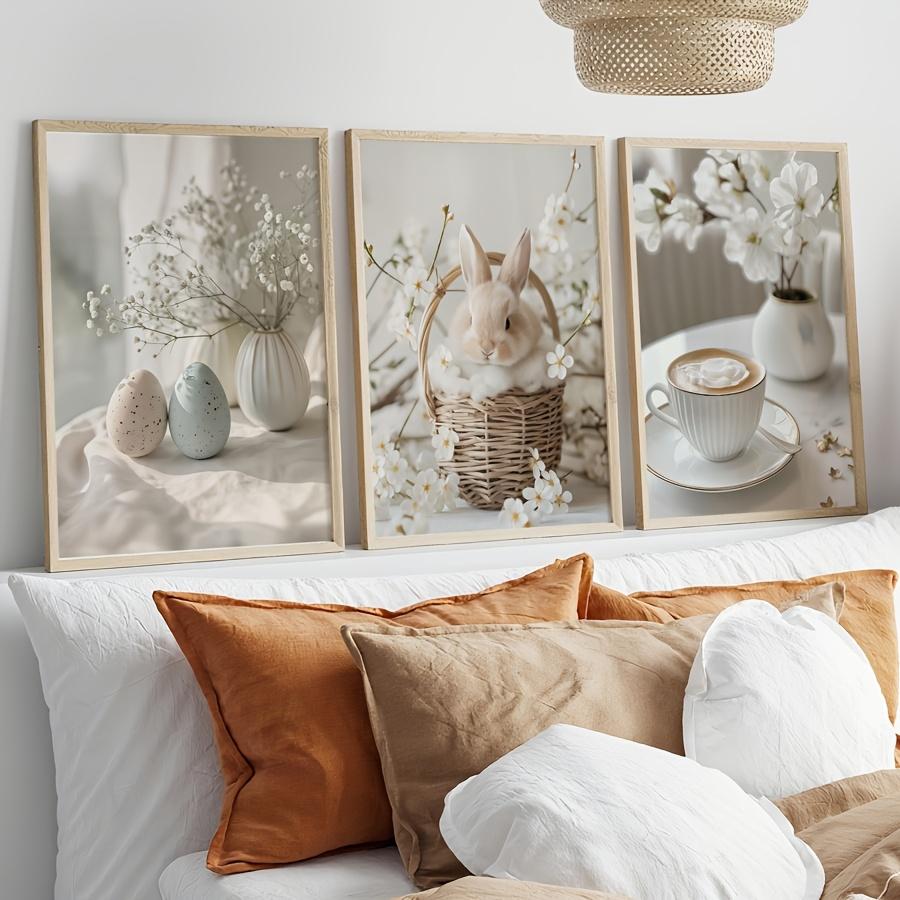 3pcs/set Bunny Easter Eggs Coffee Canvas Printing Spring Flowers and Plants Wall Art Posters for Modern Nursery Home Decor Gifts