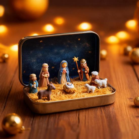 Miniature Christmas Nativity Set In A Tin Box Handcrafted Pocket Nativity Scene Gift Small Religiou Holy Family Ornament for Desk Shelf Travel Decor