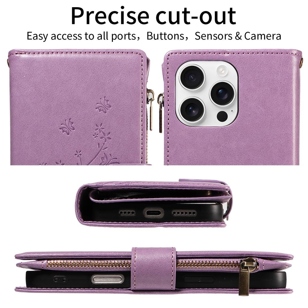 Многофункциональный чехол из искусственной кожи с тиснением и застежкой-молнией для iPhone 16e 16 15 14 13 12 11 с функциями флип, слот для карт, кошелек, держатель