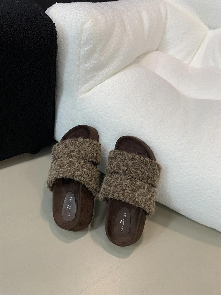 Меховые женские тапочки на платформе с плоскими каблуками, зимняя дизайнерская новая повседневная обувь для женщин 2024 года, модные домашние хлопковые тапочки, уютные, мягкие, Mujer Zapatos