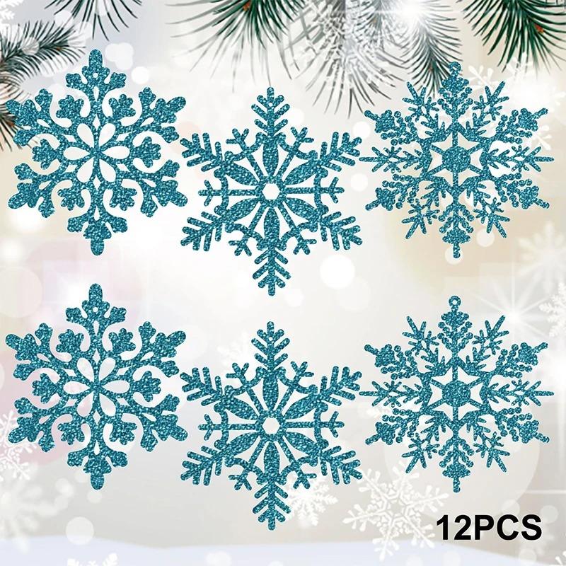 12Pcs White Glitter Raw Pulp Plastics Paper Snowflake Ornaments Christmas Venue Decoration Xmas Tree Pendant Home Winter Parties 7