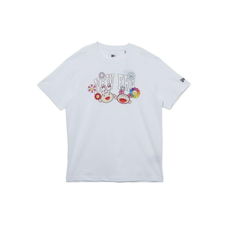 New Era SS22 x Такаси Мураками Коллаборация Мультяшный Логотип Хлопковая Футболка с Коротким Рукавом Унисекс Топы Белый 13082098