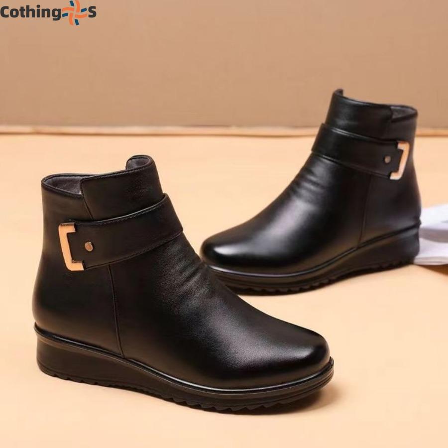 Зимние хлопковые ботинки с подкладкой на плоской подошве, нескользящие, теплые, женские ботинки, кожаные ботинки