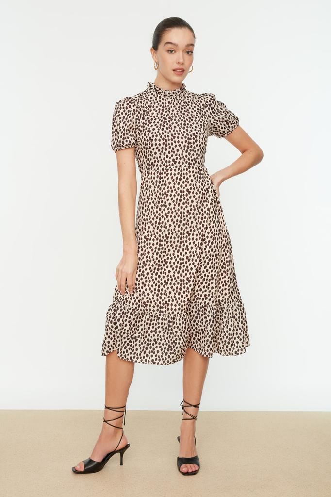 Women's Fashion New Dress Green Floral Patterned A-Line Flounce Lined Midi Woven Dress