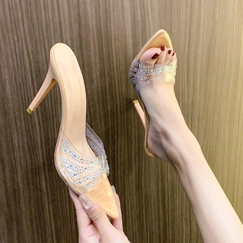 Летние женские шлепанцы на тонком каблуке со стразами, на высоком каблуке, под юбки, с острым носком, модные и не утомительные для повседневной носки