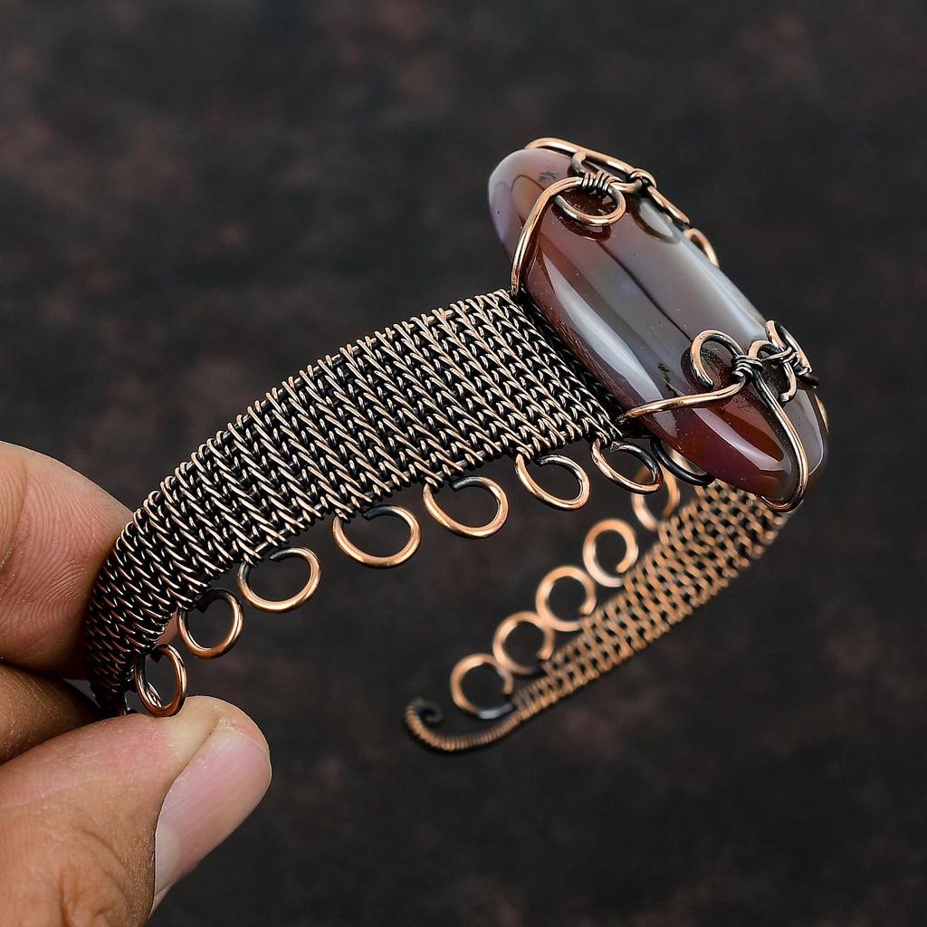 Браслет-манжета из агата Монтана, браслет из медной проволоки, регулируемый браслет-манжета, ручная работа, медные украшения, браслет с драгоценными камнями, подарок для женщин