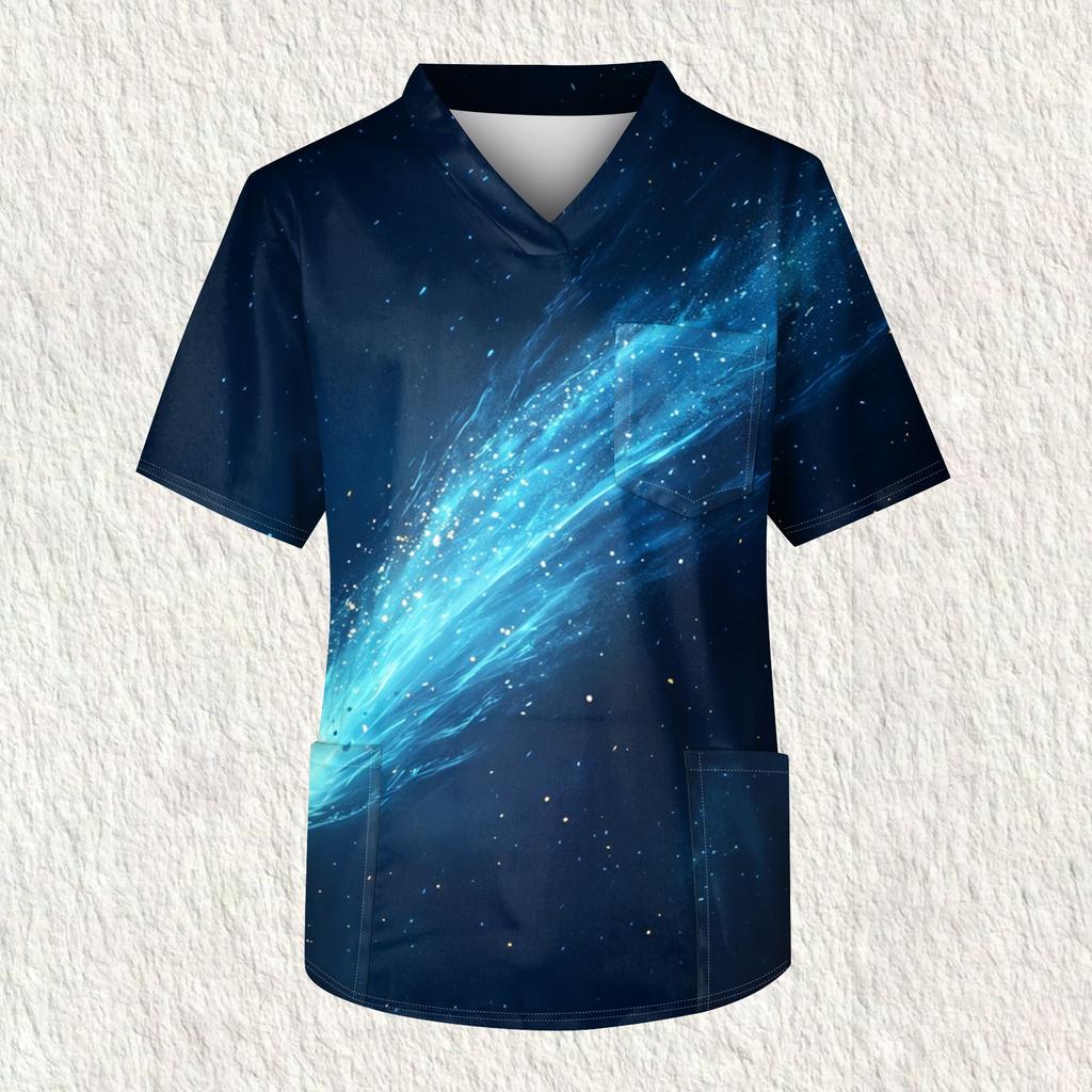 Мужская рабочая блузка с короткими рукавами и v-образным вырезом с принтом, топ с нагрудным карманом