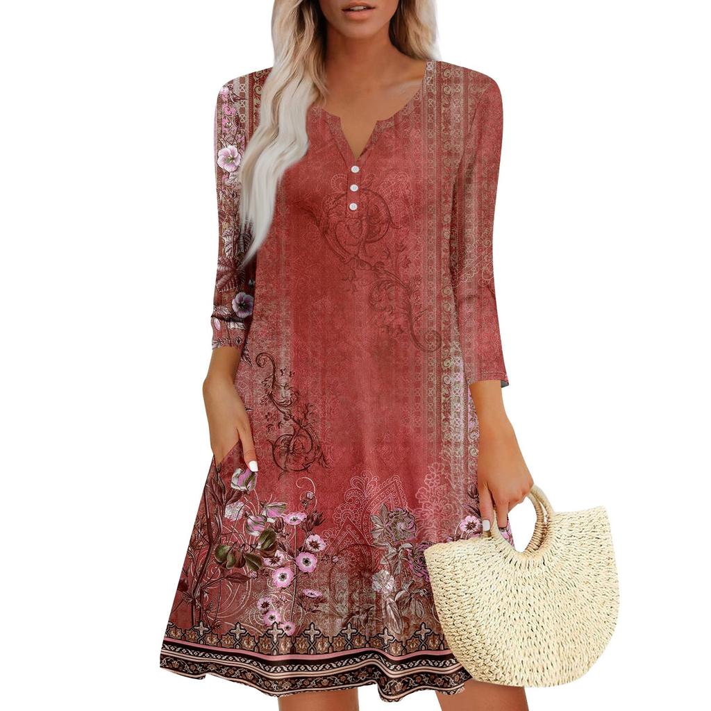 Женское летнее платье, свободное платье с V-образным вырезом, рукавом три четверти и карманами