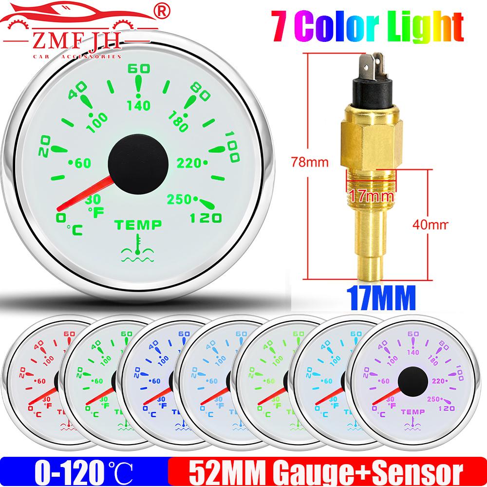 0~120℃,30~250℉ 52MM Water Temperature Gauge+Water Temp Sensor 10.2MM,12MM,16MM,17MM,21MM 7 Color Light for Boat Yacht Car 12V24V