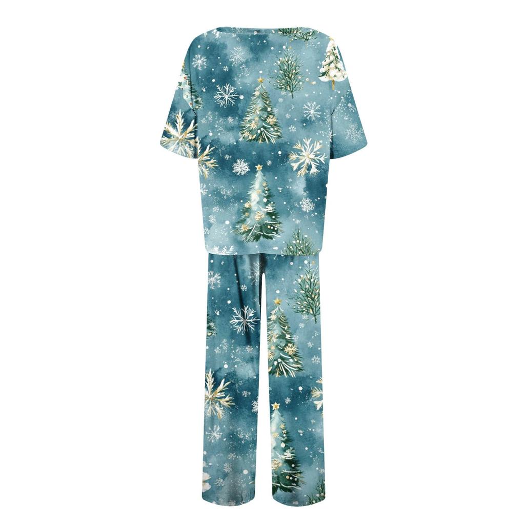 Женский шелковый атласный пижамный комплект с рождественским принтом, рубашка с коротким рукавом и длинные пижамные штаны, мягкая домашняя одежда
