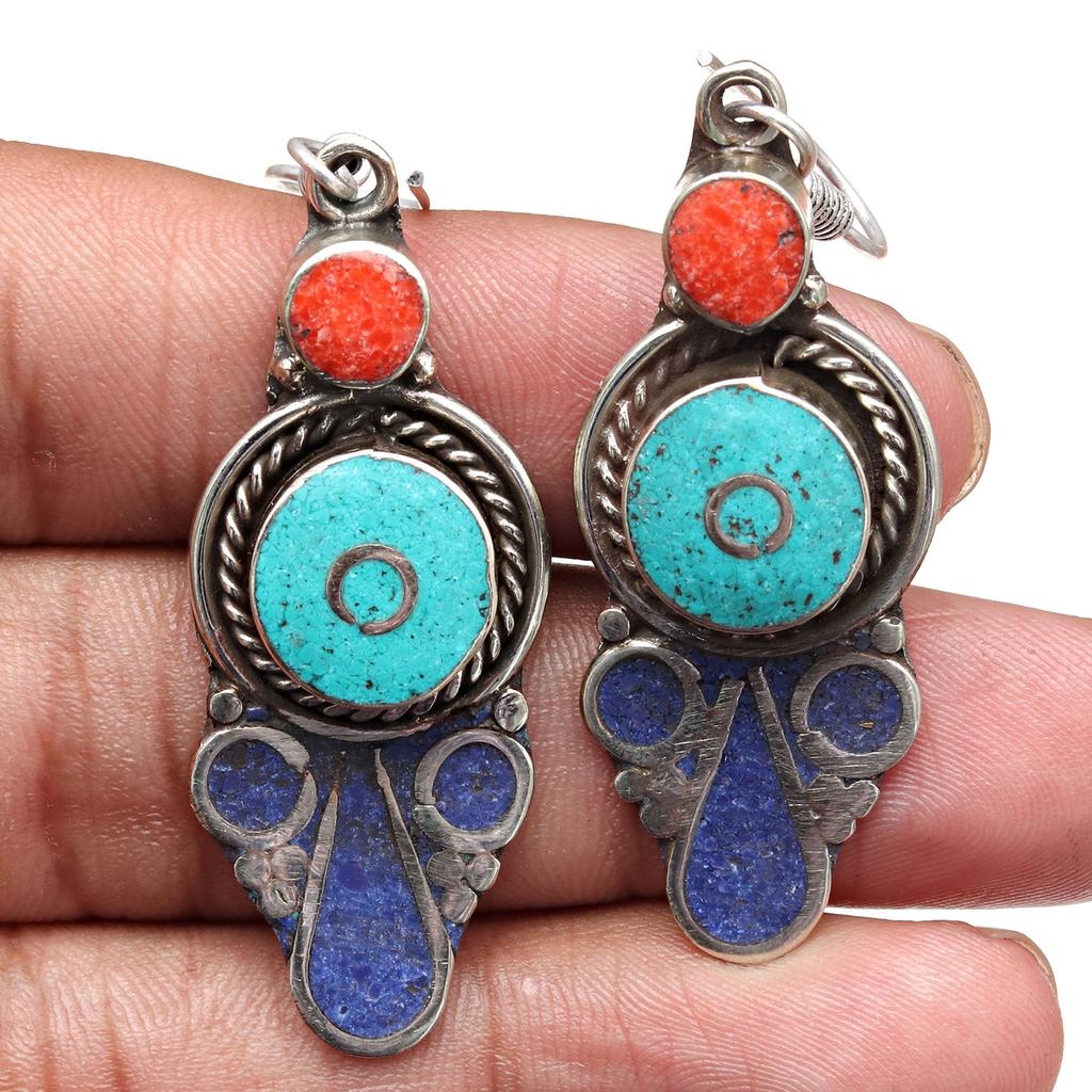 Exquisite Sterling Silver Nepalese Tribal Earrings with Multi-colored Stones