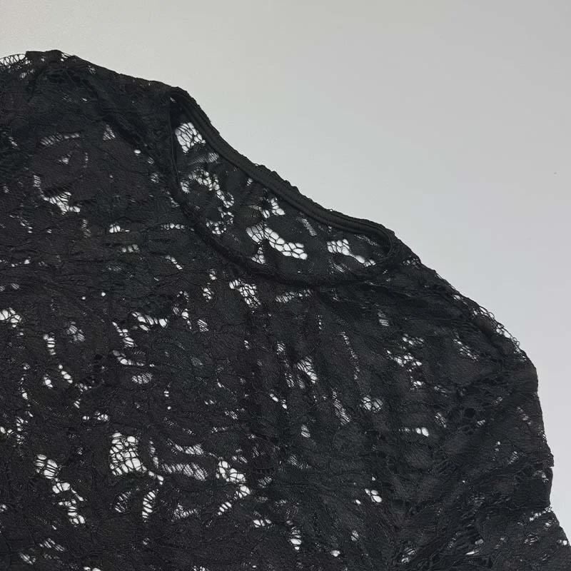 2023 Европейский и Американский Прозрачный Черный Кружевной Длинный Рукав Тонкий Топ Для Женщин