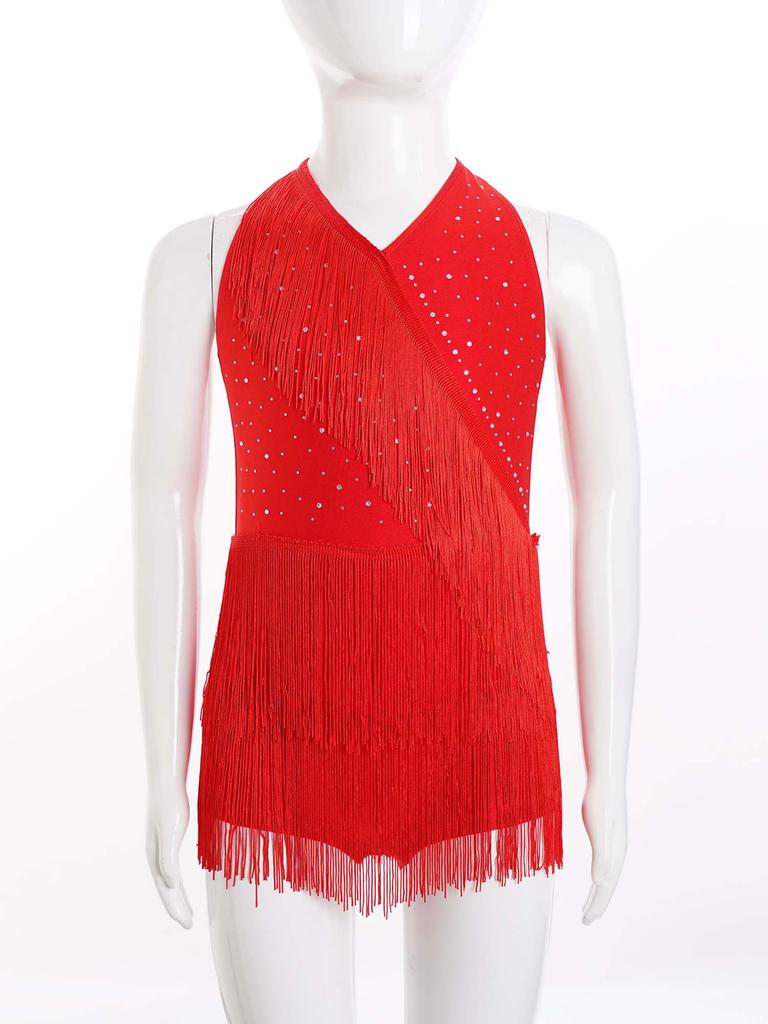 Детское платье для девочек, латиноамериканский купальник, танцевальный костюм, стразы, бахрома, боди, юбка, платье, халтер, V-образный вырез, без рукавов, комбинезон с кисточками