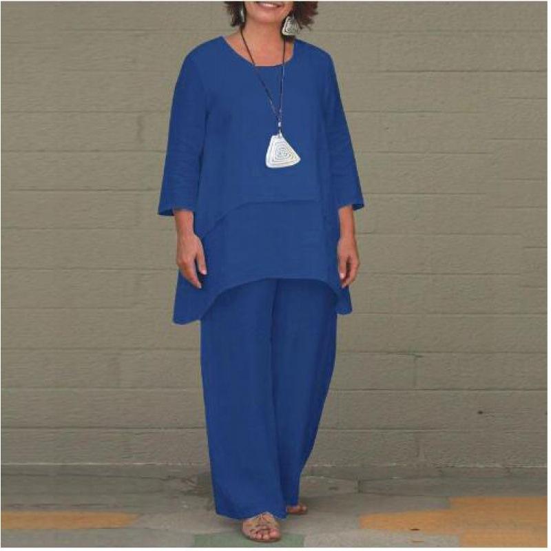 Fake Two-piece Cotton Linen White Set Women's Casual Irregular Top + Wide-leg Pants 2-piece Suit Loose Oversized Women Outfit